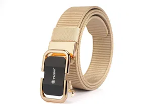 Detailed texture of khaki nylon woven belt strap and black gold automatic alloy buckle