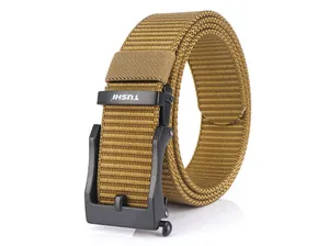 Macro detail of khaki tactical nylon web belt with black automatic buckle texture