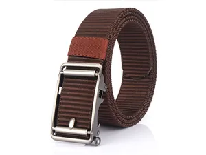 Macro view of dark brown woven nylon belt with a sleek silver automatic metal buckle