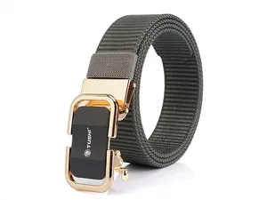 Detail of a tactical nylon belt with a gold and matte black automatic buckle and web texture