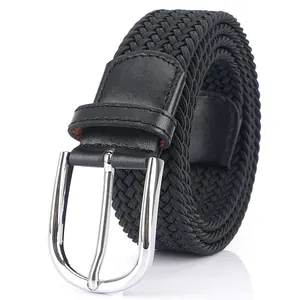 Elastic black woven belt for men and women with polished silver metal pin buckle