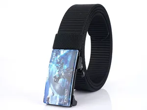 Close-up of black nylon tactical belt with a blue robot-themed smooth metal buckle