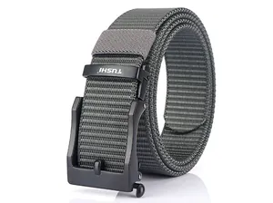 Detail shot of heavy-duty nylon webbing and matte black alloy buckle of tactical belt