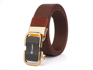 Detail of dark brown nylon web belt featuring a gold alloy automatic buckle with black panel