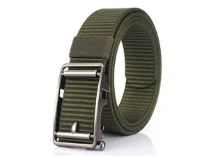 Detailed view of army green nylon belt with matte metal automatic buckle and woven texture