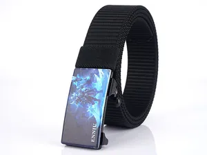 Macro detail of high-density nylon canvas belt with a sturdy blue-graphic metal buckle