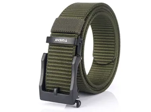 Close-up of military green nylon tactical belt with matte black automatic buckle
