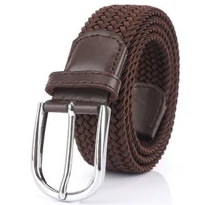 Men's dark brown elastic braided belt with silver metal pin buckle and leather detail