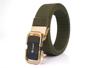Detail of army green nylon canvas belt with gold and black alloy automatic buckle