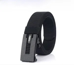 Macro shot of durable black nylon strap and matte automatic buckle for men's belt