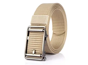 Detailed close-up of khaki nylon tactical belt with gun-metal gray automatic buckle