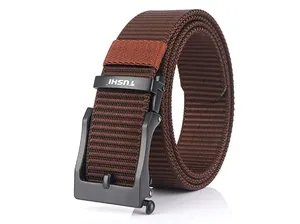 Macro view of brown woven canvas belt with matte black automatic buckle and TUSHI logo