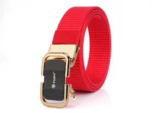 Detail of red nylon belt showing gold alloy automatic buckle with TUSHI logo