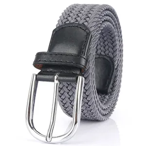 Gray braided elastic belt for men and women with silver metal pin buckle and leather detail