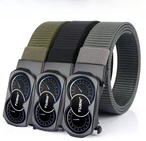 Detailed view of three nylon belts in black, green and grey with custom alloy buckles