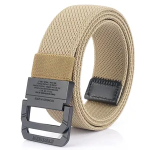 Khaki elastic canvas woven belt with black double D-ring buckle and matte finish