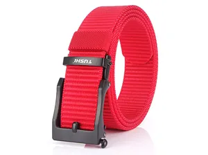 Detail of red tactical nylon belt featuring a matte black TUSHI automatic buckle