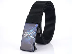 Close-up of black nylon canvas belt with a blue robot graphic on metal buckle
