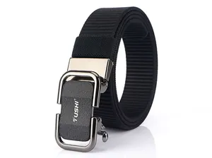 Close-up of black nylon canvas tactical belt with matte alloy automatic buckle and logo