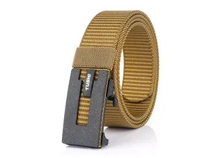 Macro detail of high-density khaki nylon belt webbing and black automatic buckle