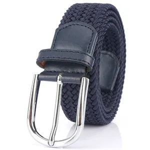 Elastic navy blue woven belt for men and women featuring a polished silver metal pin buckle