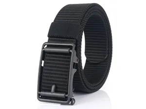 Close-up of black heavy duty nylon tactical belt with matte black automatic metal buckle