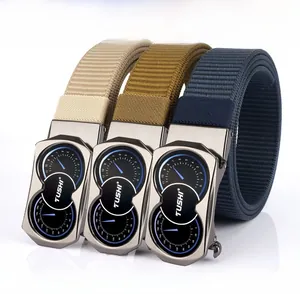 Three nylon belts in beige, khaki, and navy blue with zinc alloy automatic buckles