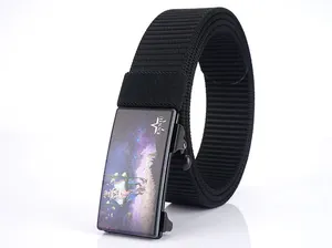 Close-up of black nylon canvas belt with a metal automatic buckle and logo detail