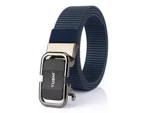 Detailed close-up of high-density navy nylon belt with a premium alloy automatic buckle