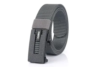 Detail of grey tactical nylon belt with black automatic buckle and textured webbing