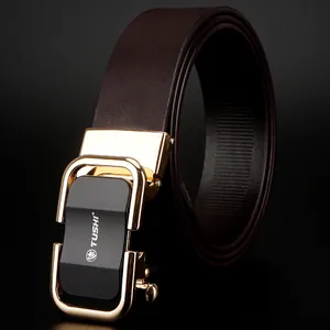 Ceinture homme en cuir marron foncé avec boucle automatique métal or et noir chic