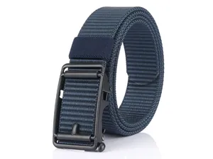 Detail of navy blue nylon belt with black automatic buckle and textured woven fabric