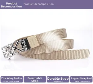 Detail eines khakifarbenen Nylon-Webgürtels mit einer Zinklegierungsschnalle und Strass