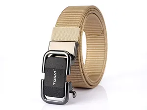 Detailed view of TUSHI khaki nylon webbing belt with matte alloy automatic buckle