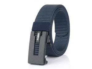 Detail view of navy blue nylon belt with black matte automatic buckle and textured weave