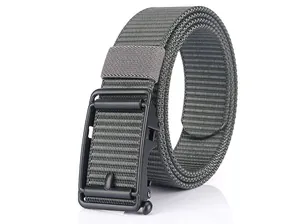 Close-up of grey nylon tactical belt showing black automatic buckle and woven texture