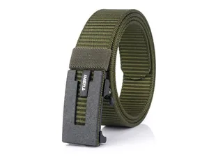 Detail of army green nylon belt with textured weave and black automatic buckle