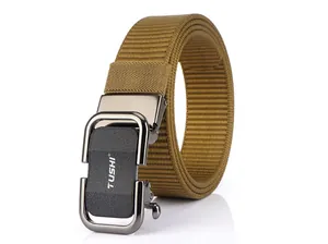 Detail of khaki nylon tactical belt with a black matte alloy automatic buckle