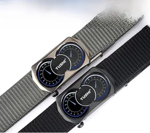 Detailed view of grey and black nylon belts with double-dial mechanical alloy buckles