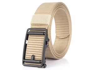 Close-up of khaki nylon tactical belt with matte black automatic metal buckle