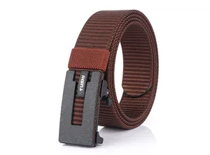 Detail of dark brown nylon woven belt featuring a black automatic buckle and logo