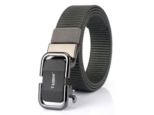Close-up of military green nylon web belt featuring a TUSHI matte alloy automatic buckle