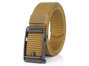 Detail of khaki nylon belt with black matte automatic buckle for tactical outdoor use