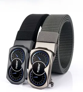 Detail of nylon belts with double dashboard style metal buckles in black and grey