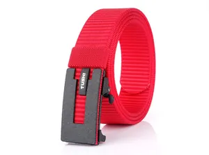 Close-up of a red woven nylon belt featuring a black matte automatic buckle with TUSHI logo