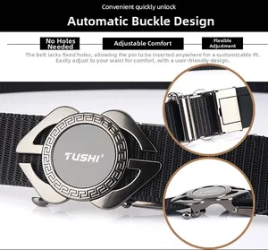 Détail de la boucle automatique en alliage sur ceinture en nylon noir à réglage précis