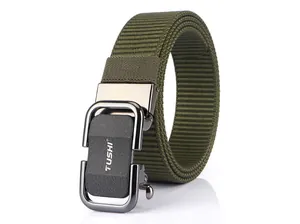 Detail view of the heavy-duty green nylon belt with a matte alloy automatic buckle