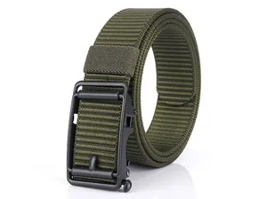 Detail of army green nylon tactical belt with black matte metal automatic buckle