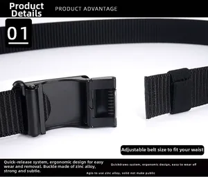 Detail of nylon belt with matte zinc alloy buckle showing quick release system and cut-to-fit