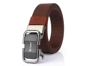 Detailed macro view of the TUSHI brown nylon tactical belt with matte alloy buckle